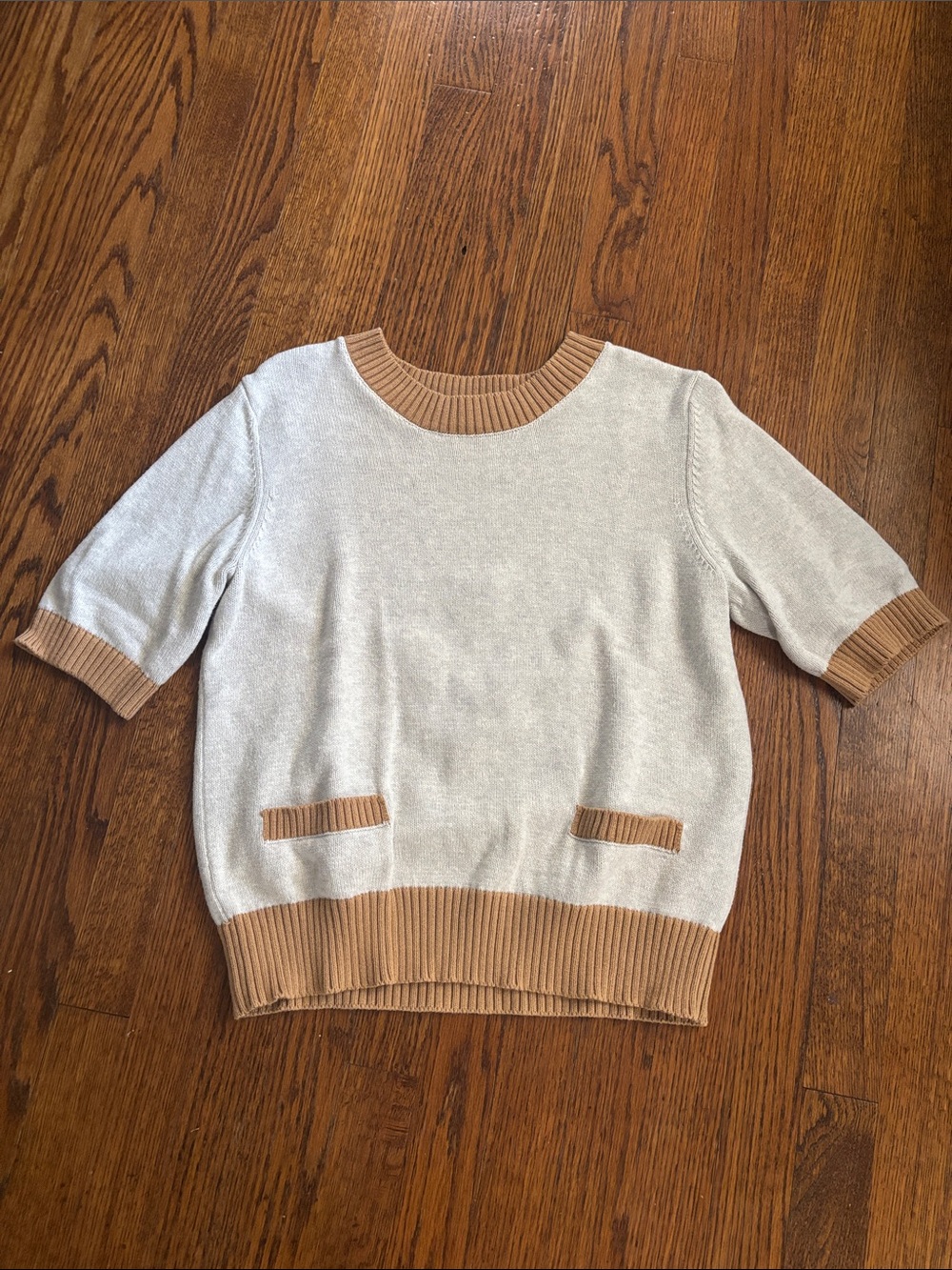 LOFT Short-Sleeve Crewneck Sweater with Tan Trim